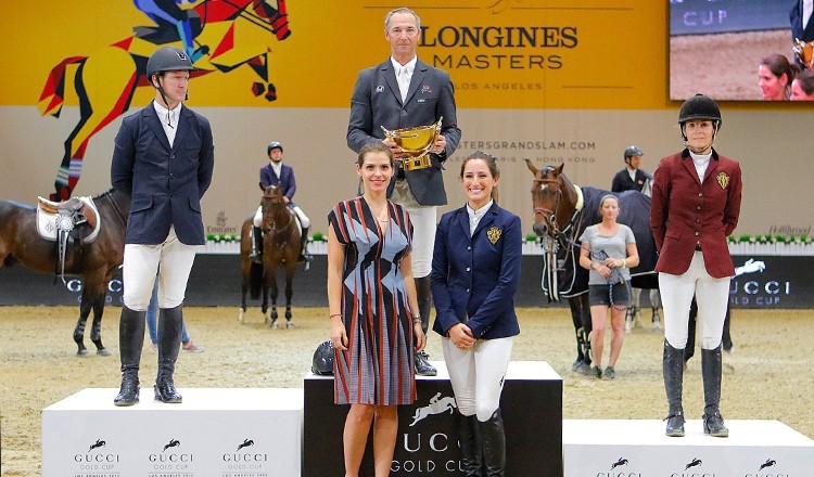 The podium in the Gucci Gold Cup; Patrice Delaveau, McLain Ward and Edwina Tops-Alexander. Photo (c) Longines Los Angeles Masters.