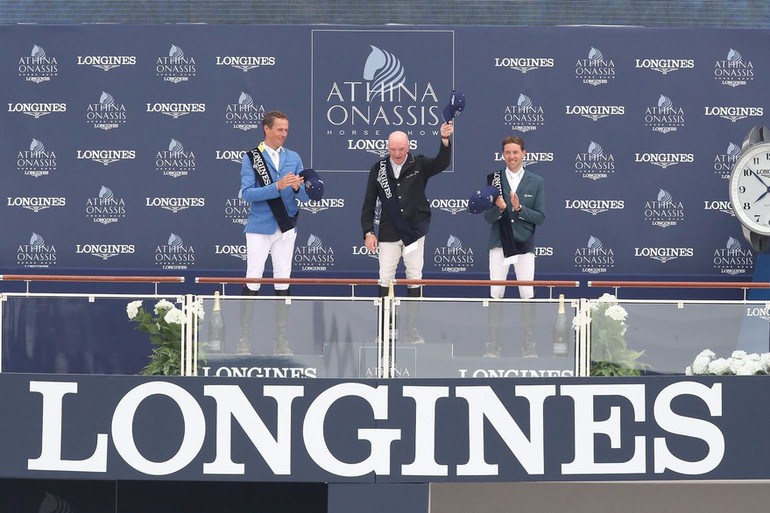 John Whitaker was joined by Christian Ahlmann and Simon Delestre on the podium. Photo (c) Filippo Gabutti/LAOHS.