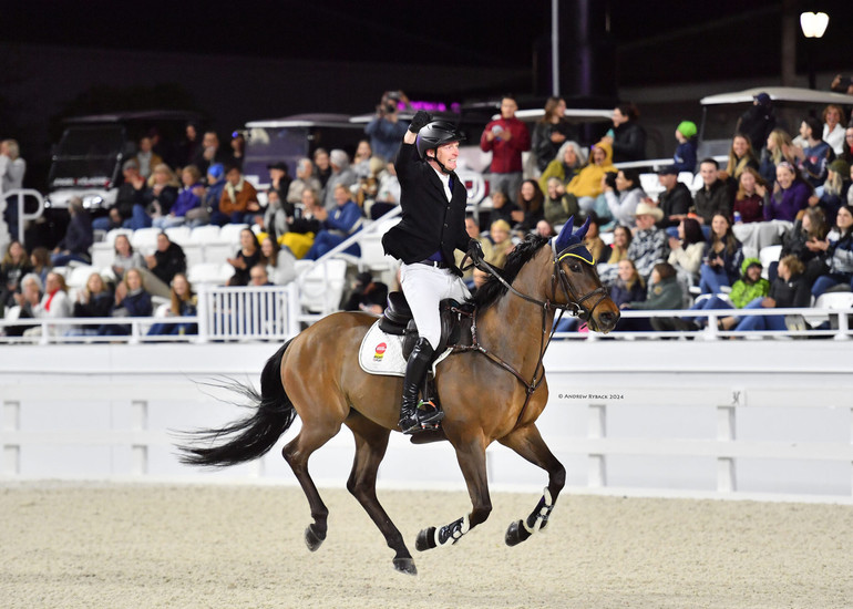 Daniel Coyle celebrating with the crowd after a spectacular jump-off performance with Farrel. Photo by Andrew Ryback Photography. 