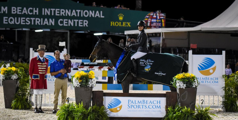Adrienne Sternlicht galloped to victory aboard Just A Gamble in the $209,000 Holiday & Horses Grand Prix CSI4* presented by Palm Beach County Sports Commission