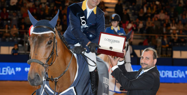 Carlos Lopez claims the win in the Longines FEI World Cup in Madrid