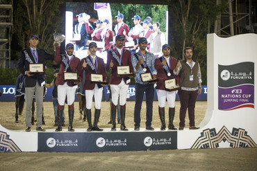 Team Qatar, winners of tonight’s Longines Challenge Cup at the Furusiyya FEI Nations Cup™ Jumping Final 2015 in Barcelona. Photo (c) FEI/Dirk Caremans.