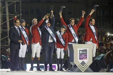 Celebrating the Belgian team’s victory at the Furusiyya FEI Nations Cup™ Jumping Final 2015 in Barcelona. Photo (c) FEI/Dirk Caremans. 