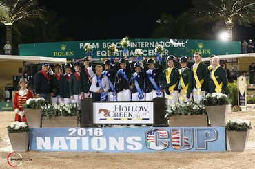 The top three teams of USA, Brazil, and Ireland in the 2016 Hollow Creek Farm FEI Young Rider Nations' Cup. Photo (c) Sportfot. 