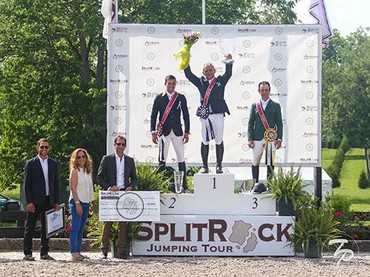 Samuel Parot, Eugenio Garza and Kevin Babington atop the podium following the $130,000 CSI3* Grand Prix presented by Split Rock Farm. Photo by TPence Photo.