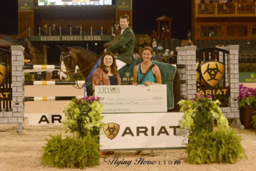 Shane Sweetnam and Cobolt with Casey Mowerey of Ariat® and Sweetnam's groom Lilly Johnson, who was presented with the Groom's Initiative Award. Photo (c) FlyingHorsePhotography. 
