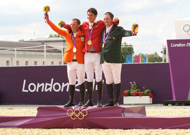 The medalists in London; Steve in the middle with Gerco to his right and Cian to his left. Photo by © 2012 Ken Braddick/dressage-news.com.