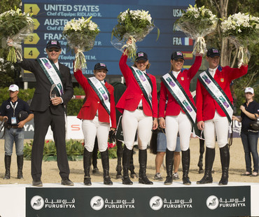 Team USA winners of the Challenge Cup Chef d'equipe : Robert Ridland, Margie Engle, Beezie Madden, Lauren Hough, Mclain Ward. Furusiyya FEI Nations Cup™ Final - Barcelona 2014 Photo: Dirk Caremans /FEI © Dirk Caremans