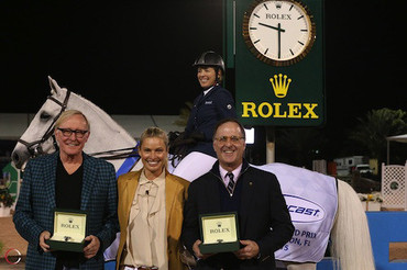Meredith Michaels-Beerbaum and Fibonacci 17 with owners Jim and Kristy Clark and Peter Nicholson of Rolex Watch USA. Photo © Sportfot.