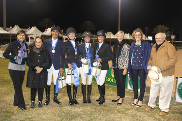 Left to Right: Flavia Callari, Silvia Callari, Rodrigo Pessoa, Lillie Keenan, Ali Wolff, Beezie Madden, Chrystine Tauber, Jenny Belknap Kees, and Harry de Leyer, the lucky winner of the Individual Gold Medal raffle. 