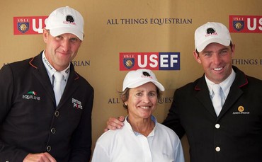 From left to right: Andre Thieme in first place, Margie Goldstein-Engle in third place, and Cian O’Connor in second place. Photo (c) JRPR.