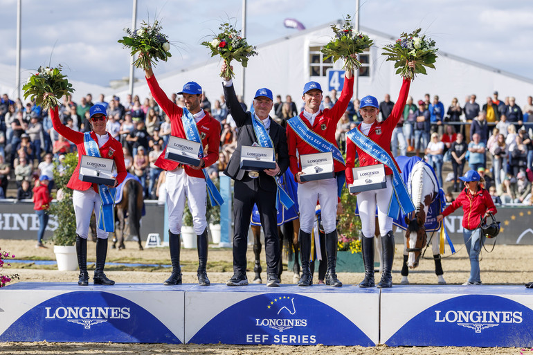  Germany celebrates home victory in Mannheim, narrowly defeating Switzerland in a dramatic jump-off to win the third leg of the Longines EEF Nations Cup series L to R: Jörne Sprehe, Christian Kukuk, Chef d’equipe Ralf Runge, Gerrit Nieberg & Sophie Hinners. © EEF/ Stefan Lafrentz