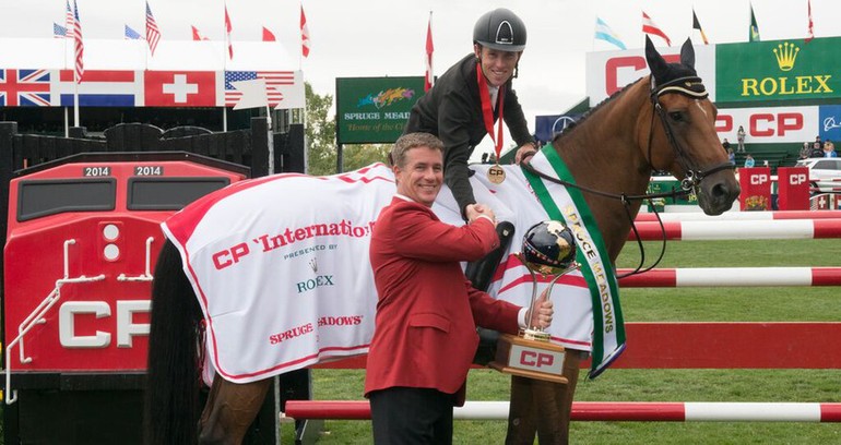 Scott Brash and Hello Sanctos in their winning grand prix presentation with Keith Creel, President & Chief Operating Officer, CP. Photos (c) Spruce Meadows Media Services.
