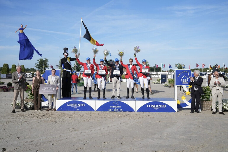 Team Belgium shine bright on the podium after they secured the victory at the North West Region Semi Final in Peelbergen (NED) on Friday 3 July 2026. L to R: Justus Valk, Tess Keijsers, Ken Ruysen, Koen Vereecke, Roy Van Beek, Ch