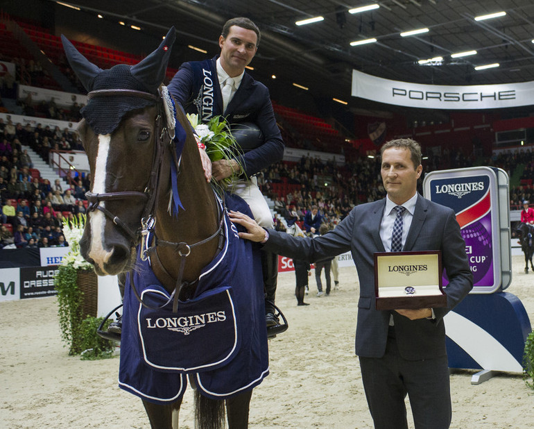 Winner Romain Duguet and Quorida de Treho with Casper Gebeke, Longines Brand Manager Denmark, Sweden and Finland. Photos (c) Satu Pirinen.