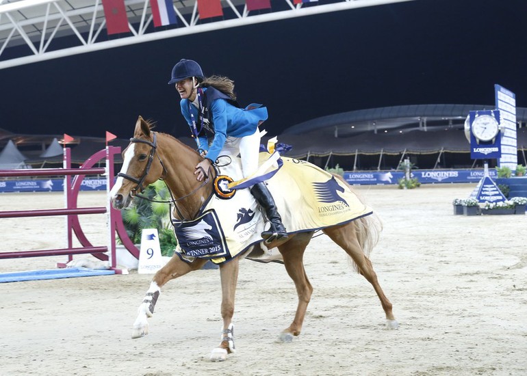 Luciana Diniz celebrates her win in Doha. Photo (c) Stefano Grasso/LGCT.