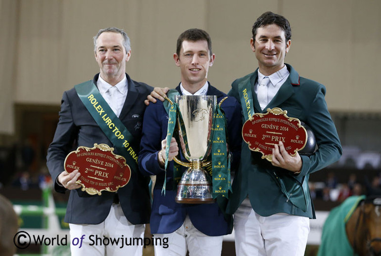 The podium in the 2014 Rolex IJRC Top 10 Final; Scott Brash, Patrice Delaveau and Steve Guerdat. Photo (c) Jenny Abrahamsson.