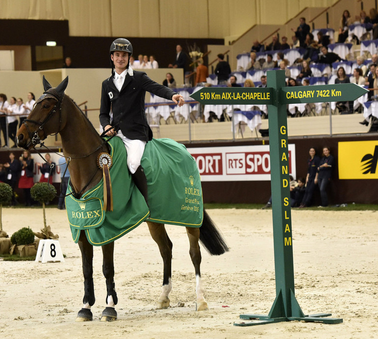 Steve Guerdat points towards Aachen, after winning the Rolex Grand Prix in Geneva. Photo (c) Rolex Grand Slam of Show Jumping/Kit Houghton.