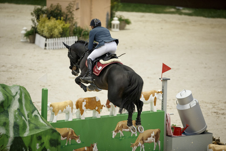 Part ten: As did Simon Delestre who was runner-up in both the Rolex IJRC Top 10 Final and in the Rolex Grand Prix. Here flying the famous cow-wall on Qlassic Bois Margot in Sunday's Grand Prix. 