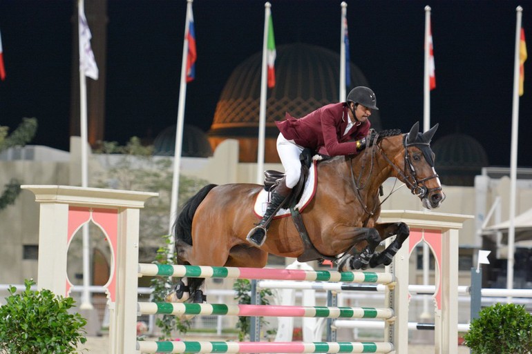 Qatar’s Sheikh Ali Bin Khalid Al Thani took a popular home win at the HH the Emir of Qatar Sword Festival riding Anyway II. Photo (c) HH the Emir of Qatar Sword Festival.