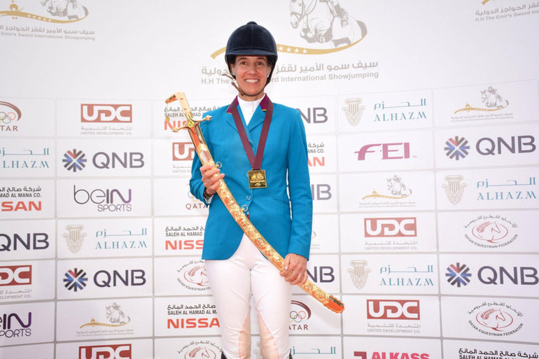 The always smiling Luciana Diniz won the Grand Prix in Doha. Photo (c) HH the Emir of Qatar Sword International Showjumping Festival.