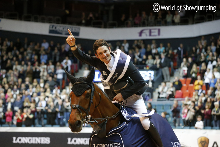 Steve Guerdat celebrating his win in the Longines FEI World Cup Final on Corbinian. Photos (c) Jenny Abrahamsson.