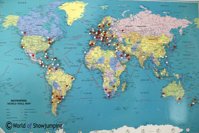 The red dots mark all the countries to where VDL has sold horses, and the white dots are for the countries that have received semen from their stallions. 