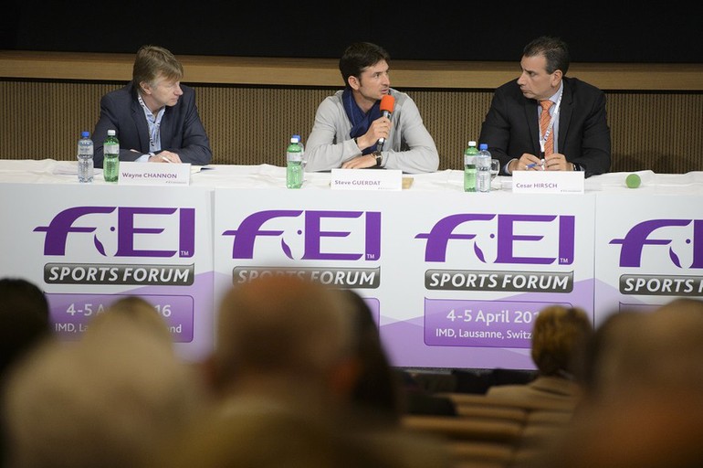 Olympic champion Steve Guerdat (SUI), centre, speaking on the panel during session three of the FEI Officials’ appointment and remuneration at today’s FEI Sports Forum in IMD, Lausanne, with Wayne Channon (GBR), rapporteur, and fellow panelist Cesar Hirsch (VEN). (FEI/Richard Juilliart)