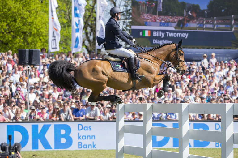 It takes a brave rider and horse to win the Hamburg Derby; here Billy Twomey and Diaghilev. Photo (c) Stefan Lafrentz.
