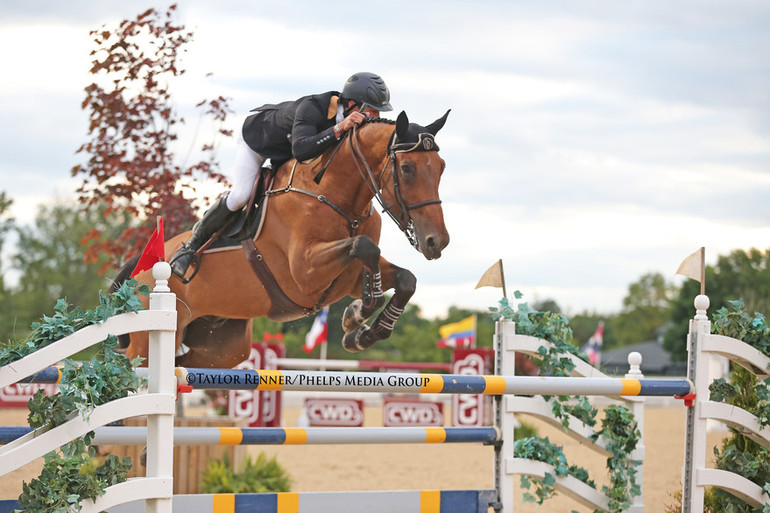 Eugenio Garza and Bariano won the $130,000 Hollow Creek Farm Grand Prix CSI3* at the 2016 Kentucky Spring Horse Show. Photo (c) Taylor Renner /  Phelps Media Group, Inc.