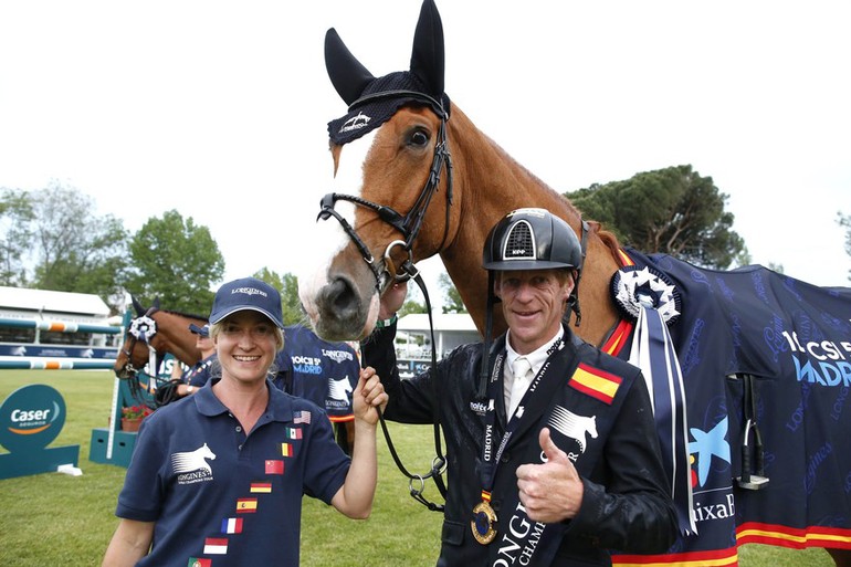 Marcus, his groom Sarah and Pret a Tout after the win in Madrid. Photo (c) Stefano Grasso/LGCT. 
