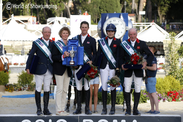 Just like last year, the British team won the Furusiyya FEI Nations Cup in Rome courtesy of Michael Whitaker, Ben Maher, Jessica Mendoza and John Whitaker - here with Chef d'Equipe Di Lampard. Photo (c) Jenny Abrahamsson.