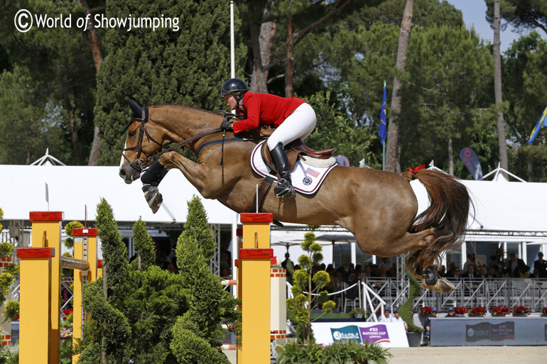 VDL Wizard stretching over an oxer for Callan Solem.