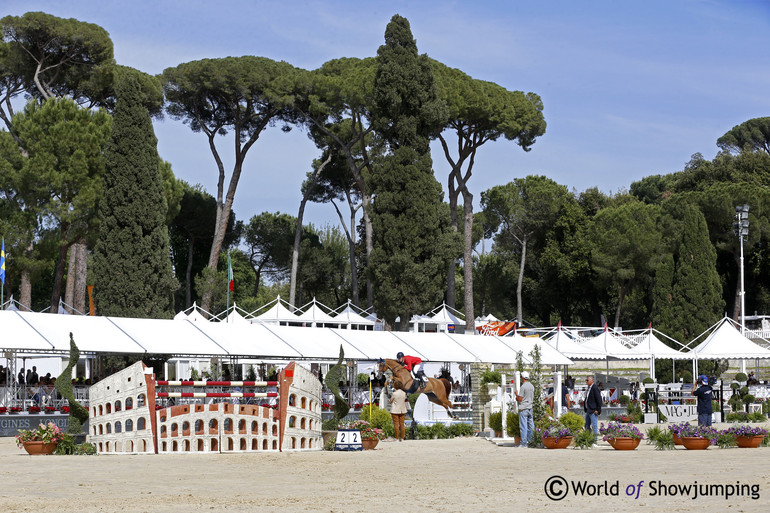 The back drop for the competitions in Rome is stunning! Here Mario Stevens and Brooklyn 17 jumping over the open water. Photo (c) Jenny Abrahamsson.