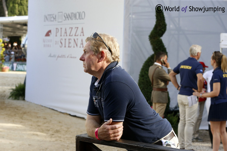 Nick Skelton keeping an eye on the monitor.