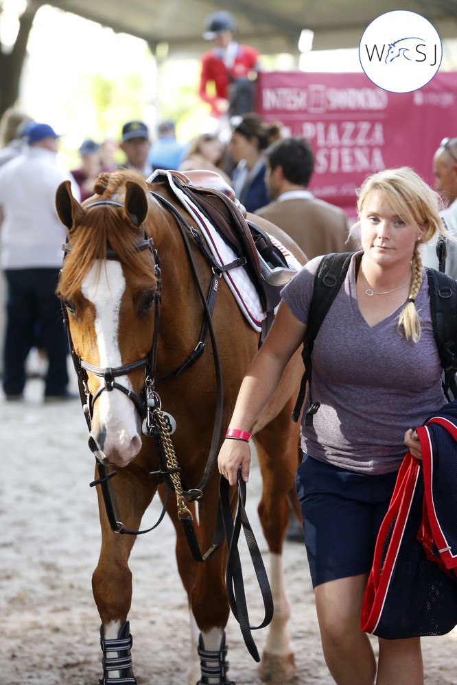 Denise Moriarty heading back to the stable with Kent Farrington's Creedance. 