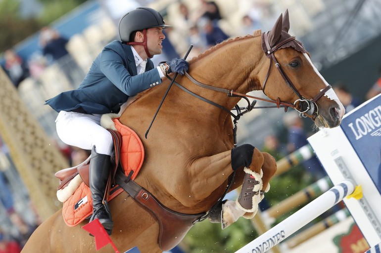 Simon Delestre gave everything, and won Saturday's Prix Renault Talisman on Chesall Zimequest. Photo (c) Stefano Grasso/LGCT.