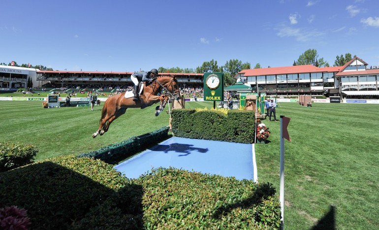 Chris Surbey aboard Quetchup de la Roque deliver the 20th clear round in the 26 year history of the Enbridge Classic Derby. Photo (c) Spruce Meadows Media Services.
