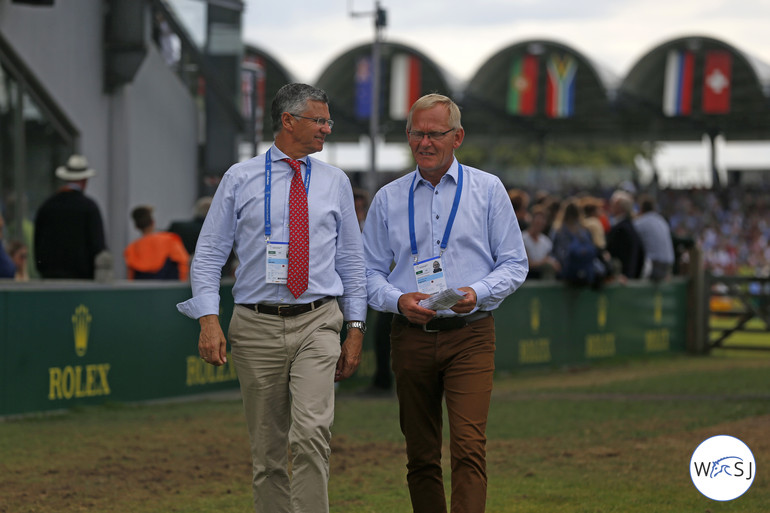 Two happy men after a successful weekend in Aachen; German Chef d'Equipe, Otto Becker and trainer, Heinrich-Hermann Engemann. 