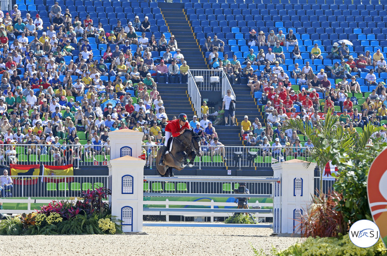 The Germans looked strong today; three of four pairs went clear and one of them was Christian Ahlmann and Taloubet Z - here against the back drop of the stadium at the Deodoro equestrian venue. 