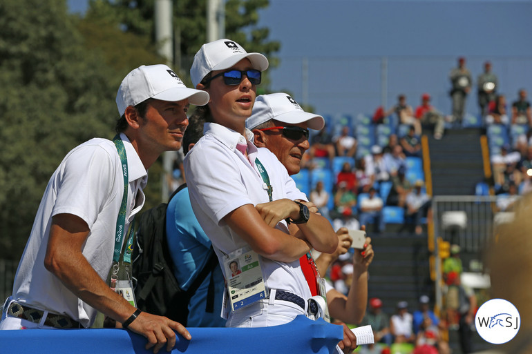 Nervous and hopeful faces on the Swiss - Steve Guerdat, Martin Fuchs and Hansuli Sprunger - when Janika Sprunger and Bonne Chance CW cleared one fence after the other. 