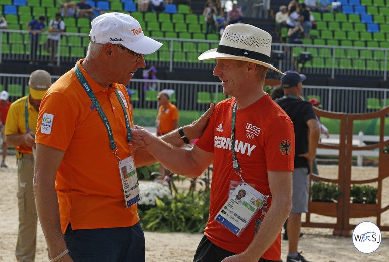 The equestrian sport is so much about friendship between riders, trainers, grooms and everyone else involved, also crossing nations. Here the Dutch Chef d'Equipe Rob Ehrens and Germany's Marcus Ehning. 
