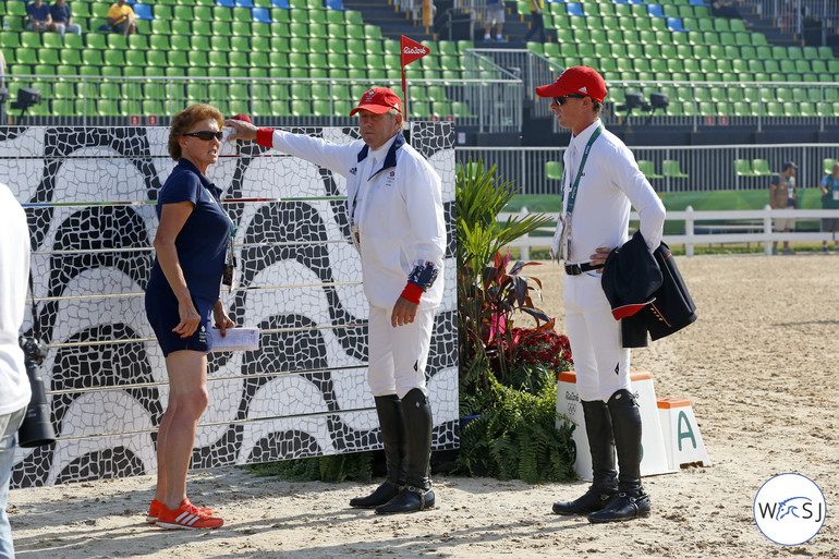 The British team didn't qualify for the final, but two riders were still in for the individual qualifier: Here Chef d'Equipe Di Lampard with Nick Skelton and Ben Maher. 