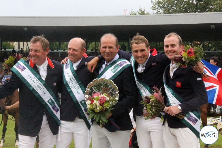 The winning British team in Gijon; Tim Stockdale, Robert Bevis, Chef d'Equipe Tony Newbury, Joe Whitaker and Sam Hutton. All photos (c) World of Showjumping.