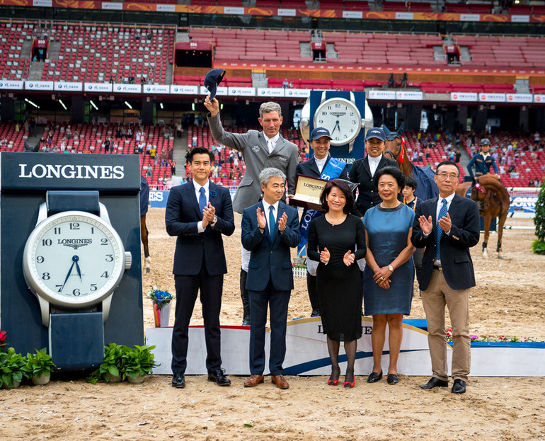 Top three on the podium. Photo (c) Longines Beijing Masters/Arnd Bronkhorst.