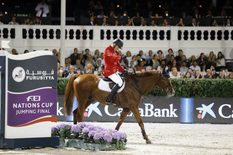 A relieved and happy Ludger Beerbaum after setting Germany on a clean sheet and securing a jump-off against Great Britain. Photo (c) Tiffany Van Halle for World of Showjumping.