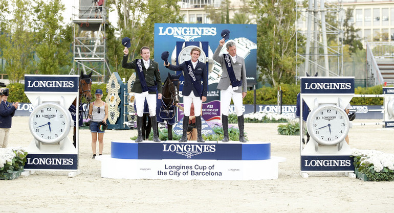 The podium: Darragh Kenny as the winner, with Greg Broderick in second and Ludger Beerbaum in third. Photo (c) Tiffany Van Halle for World of Showjumping.