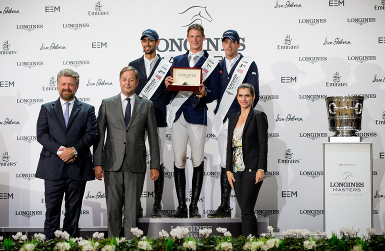 The podium at the Longines Grand Prix of Los Angeles: Daniel Deusser (1st), Nayel Nassar (2nd) and Harrie Smolders (3rd). Photo (c) R&B Presse for EEM.
