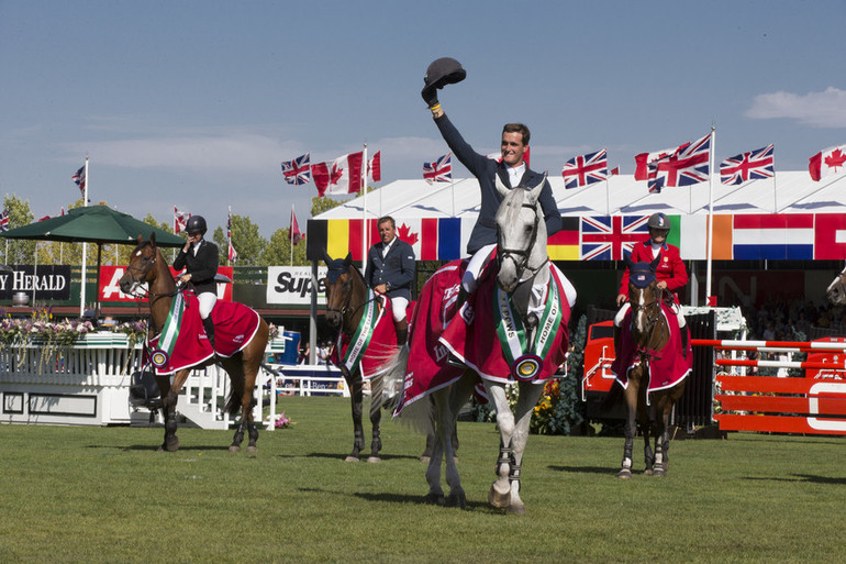 Cabrio van de Heffinck and Olivier Philippaerts after their Grand Prix win at Spruce Meadows.
