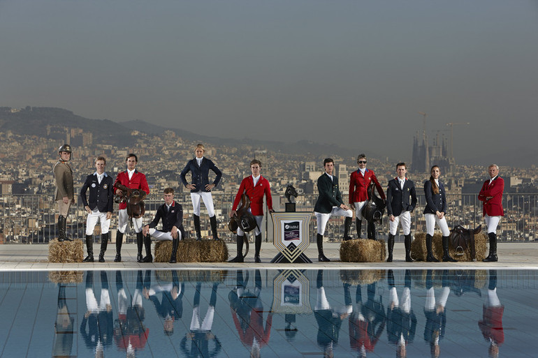 Photo caption: LIGHTS! CAMERA! ACTION! Riders from around the globe in Barcelona for the Furusiyya FEI Nations Cup™ Jumping Final draw inspiration from the iconic Piscina Municipal de Montjuic, home of the 1992 Barcelona Olympic Diving Finals, with its magnificent city backdrop. L-R: Simone Coata (ITA), Alexander Zetterman (SWE), Julia Hargreaves (AUS), Ben Asselin (CAN), William Whitaker (GBR), Margie Engle (USA), Simon Delestre (FRA), Andres Rodrigez (VEN), Paula Amilibia (ESP), Pedro Vennis (BRA), and Dirk Demeersman (BEL). Photo: Jude Edginton /FEI.